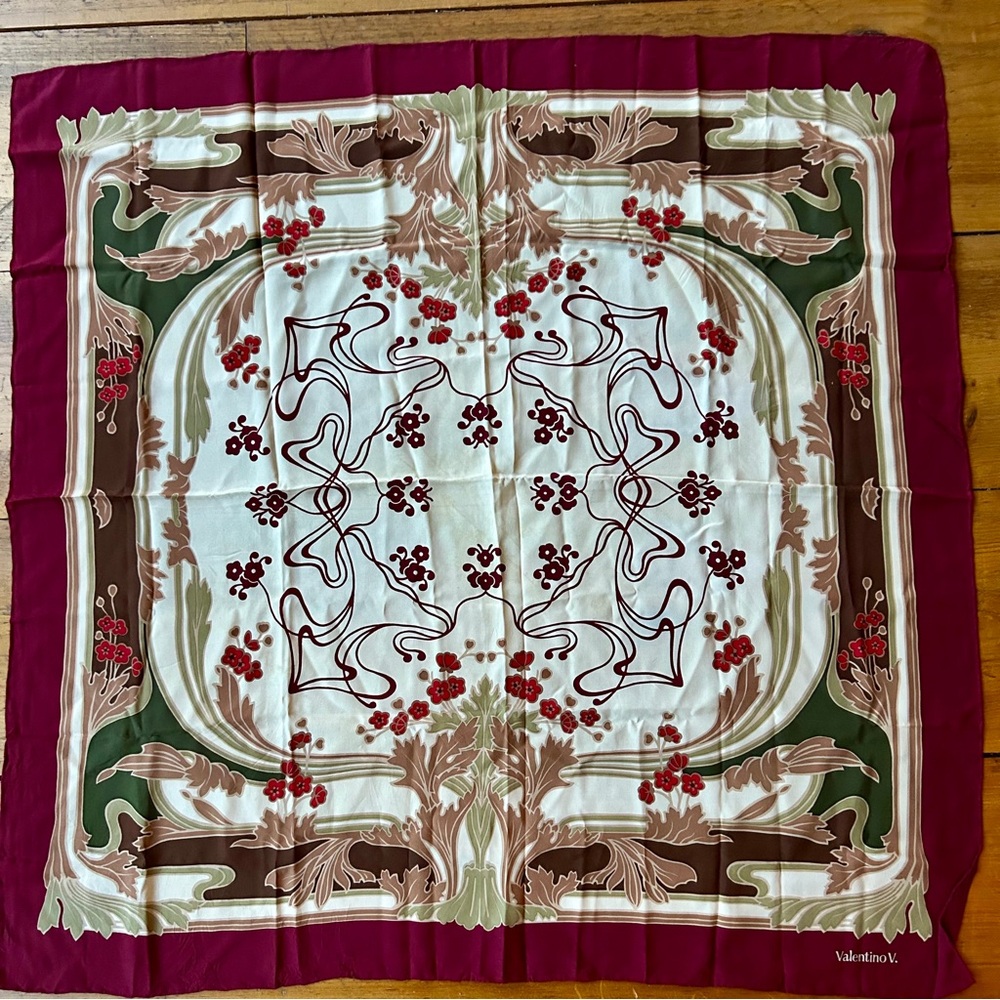 Vintage Valentino V. Silk Scarf with Floral Abstract Botanical Print, Signed